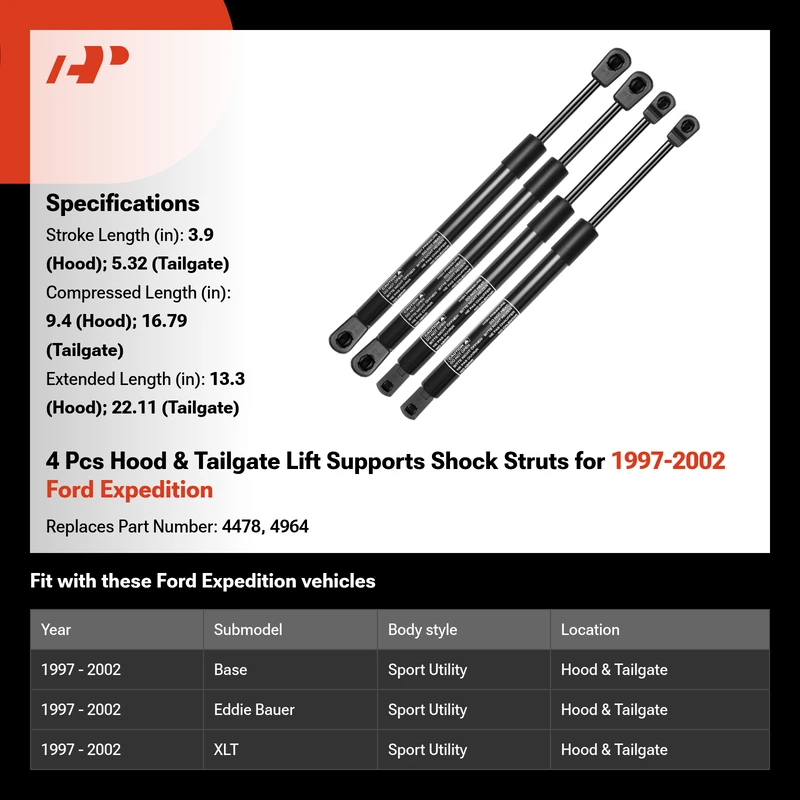 4 Pcs Hood & Tailgate Lift Supports Shock Struts for 1997-2002 Ford Expedition