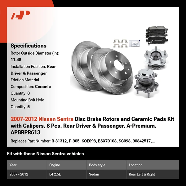 2007-2012 Nissan Sentra Disc Brake Rotors and Ceramic Pads Kit with Calipers, 8 Pcs, Rear Driver & Passenger, A-Premium, APBRPR613