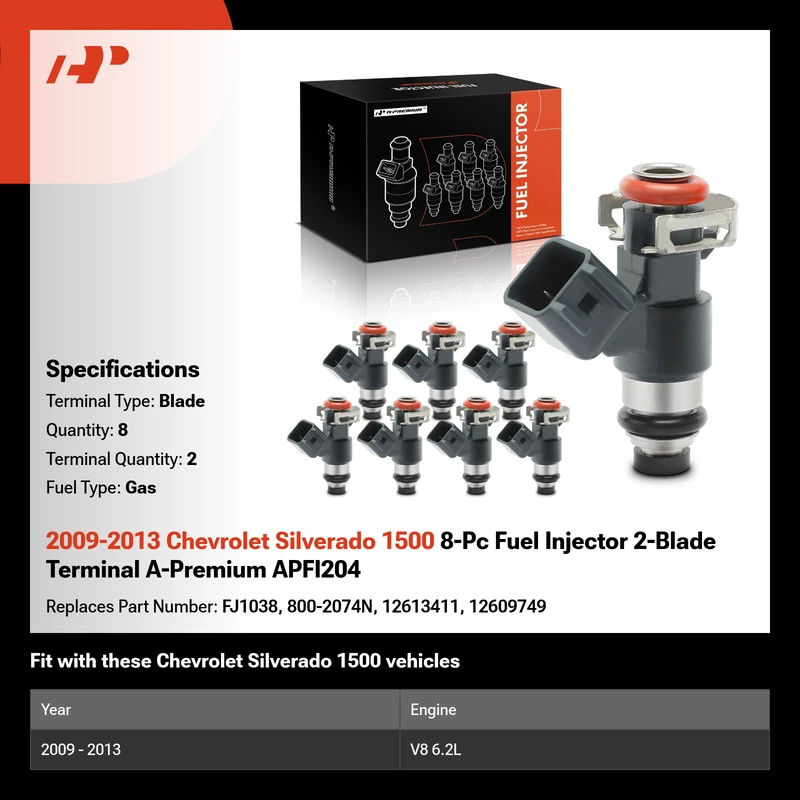 2009-2013 Chevrolet Silverado 1500 8-Pc Fuel Injector 2-Blade Terminal A-Premium APFI204
