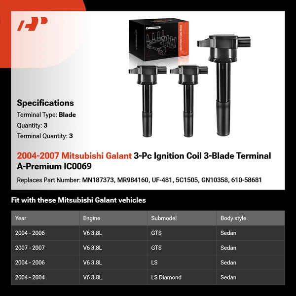 2004-2007 Mitsubishi Galant 3-Pc Ignition Coil 3-Blade Terminal A-Premium IC0069