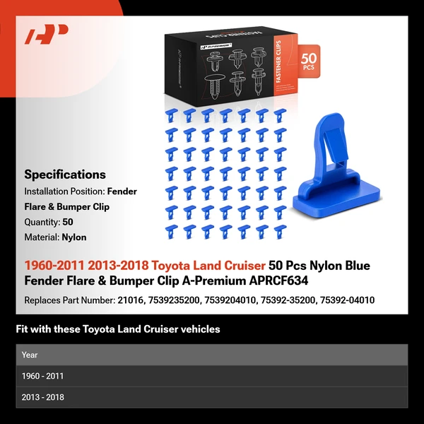 1960-2011 2013-2018 Toyota Land Cruiser 50 Pcs Nylon Blue Fender Flare & Bumper Clip A-Premium APRCF634