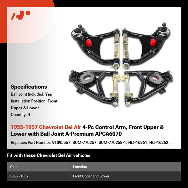 1955-1957 Chevrolet Bel Air 4-Pc Control Arm, Front Upper & Lower with Ball Joint A-Premium APCA6070