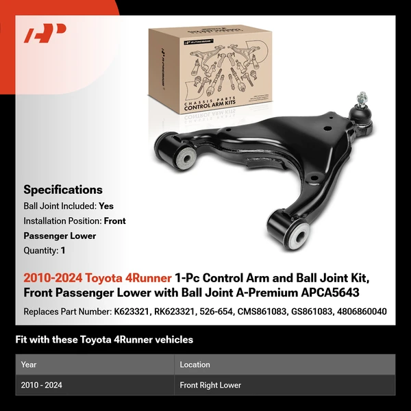 2010-2024 Toyota 4Runner 1-Pc Control Arm and Ball Joint Kit, Front Passenger Lower with Ball Joint A-Premium APCA5643