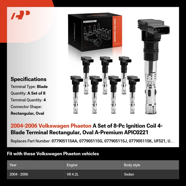 2004-2006 Volkswagen Phaeton A Set of 8-Pc Ignition Coil 4-Blade Terminal Rectangular, Oval A-Premium APIC0221