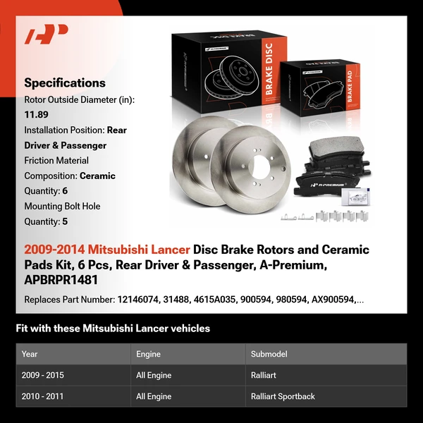 2009-2014 Mitsubishi Lancer Disc Brake Rotors and Ceramic Pads Kit, 6 Pcs, Rear Driver & Passenger, A-Premium, APBRPR1481