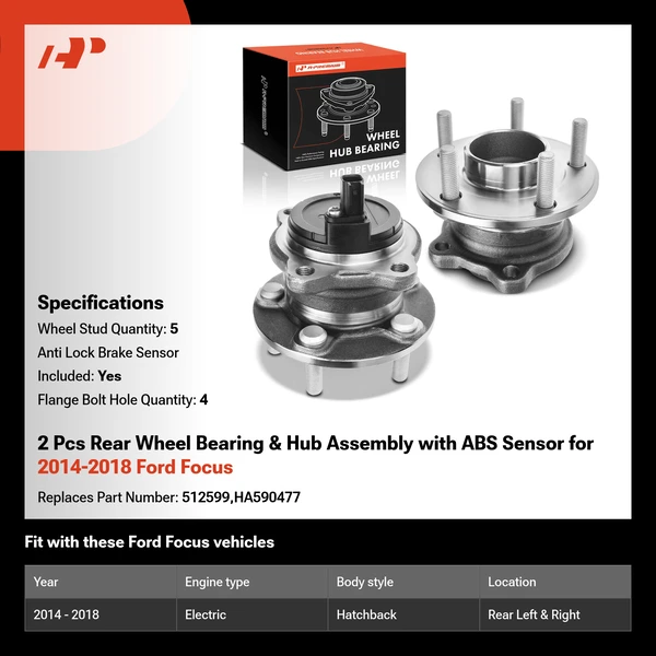 2 Pcs Rear Wheel Bearing & Hub Assembly with ABS Sensor for 2014-2018 Ford Focus