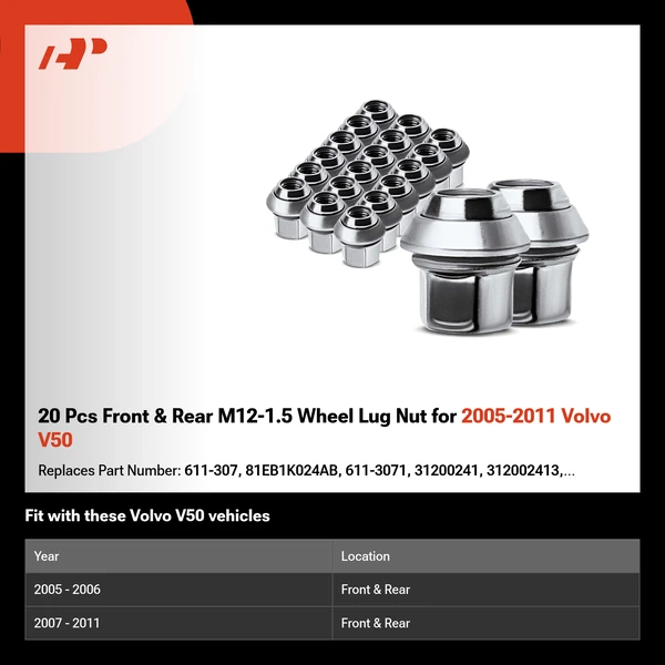 20 Pcs Front & Rear M12-1.5 Wheel Lug Nut for 2005-2011 Volvo V50