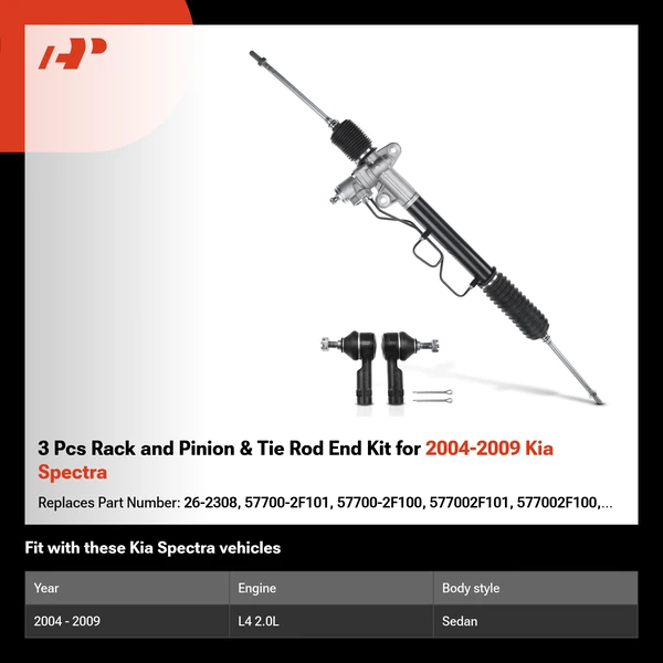 3 Pcs Rack and Pinion & Tie Rod End Kit for 2004-2009 Kia Spectra