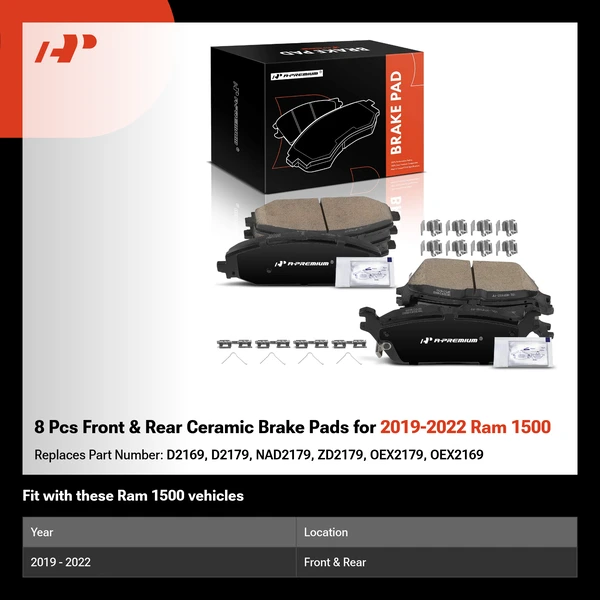 8 Pcs Front & Rear Ceramic Brake Pads for 2019-2022 Ram 1500
