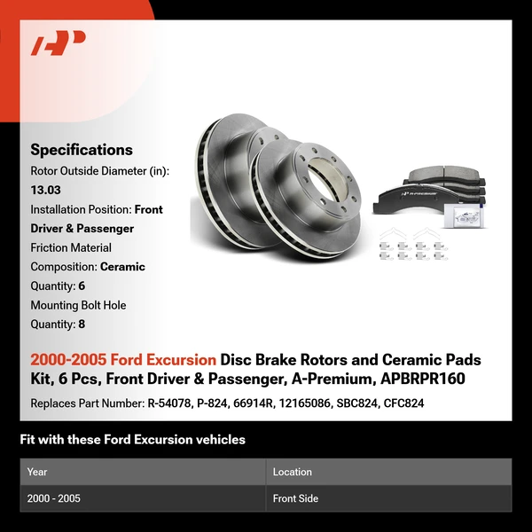 2000-2005 Ford Excursion Disc Brake Rotors and Ceramic Pads Kit, 6 Pcs, Front Driver & Passenger, A-Premium, APBRPR160