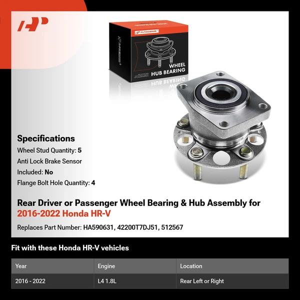 Rear Driver or Passenger Wheel Bearing & Hub Assembly for 2016-2022 Honda HR-V