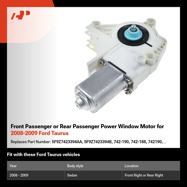 Front Passenger or Rear Passenger Power Window Motor for 2008-2009 Ford Taurus