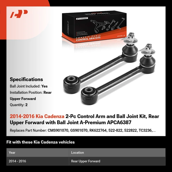 2014-2016 Kia Cadenza 2-Pc Control Arm and Ball Joint Kit, Rear Upper Forward with Ball Joint A-Premium APCA6387