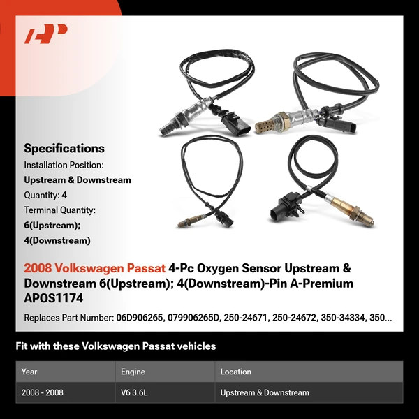 2008 Volkswagen Passat 4-Pc Oxygen Sensor Upstream & Downstream 6(Upstream); 4(Downstream)-Pin A-Premium APOS1174