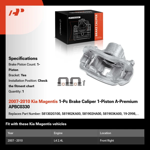 2007-2010 Kia Magentis 1-Pc Brake Caliper 1-Piston A-Premium APBC0330