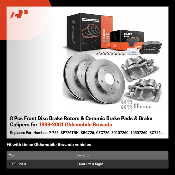 8 Pcs Front Disc Brake Rotors & Ceramic Brake Pads & Brake Calipers for 1998-2001 Oldsmobile Bravada