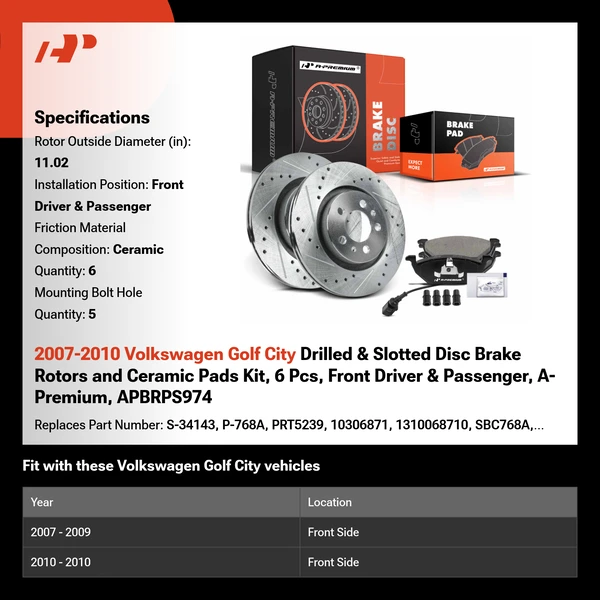 2007-2010 Volkswagen Golf City Drilled & Slotted Disc Brake Rotors and Ceramic Pads Kit, 6 Pcs, Front Driver & Passenger, A-Premium, APBRPS974
