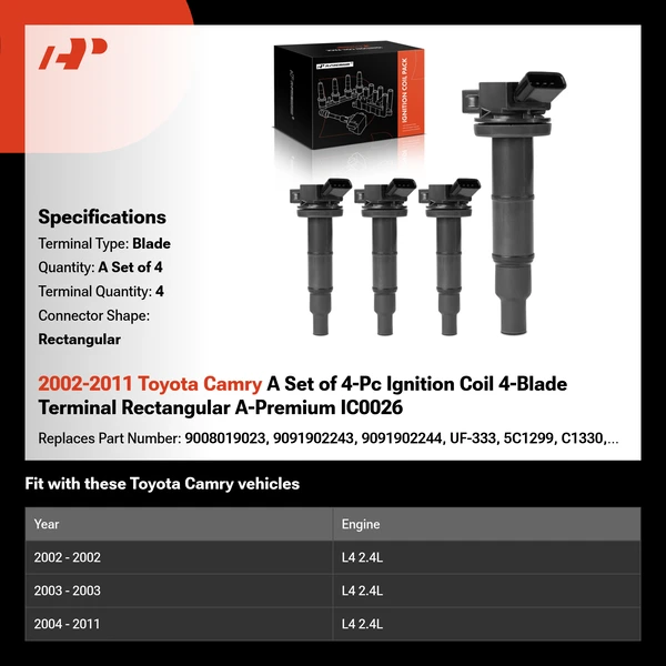 2002-2011 Toyota Camry A Set of 4-Pc Ignition Coil 4-Blade Terminal Rectangular A-Premium IC0026