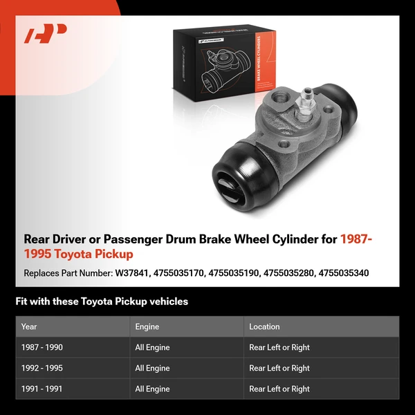 Rear Driver or Passenger Drum Brake Wheel Cylinder for 1987-1995 Toyota Pickup