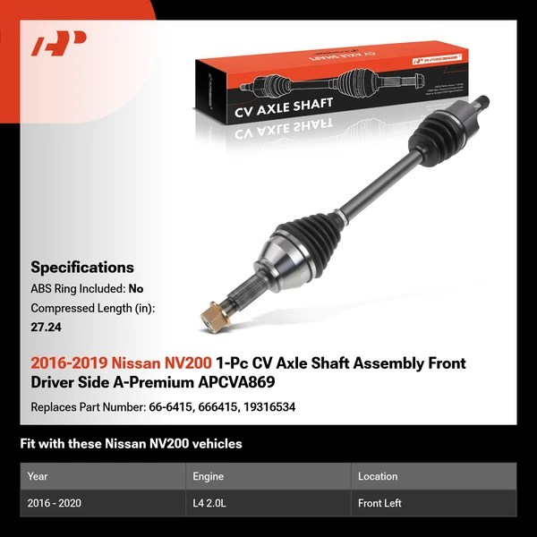 2016-2019 Nissan NV200 1-Pc CV Axle Shaft Assembly Front Driver Side A-Premium APCVA869