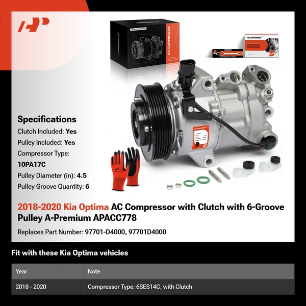 2018-2020 Kia Optima AC Compressor with Clutch with 6-Groove Pulley A-Premium APACC778
