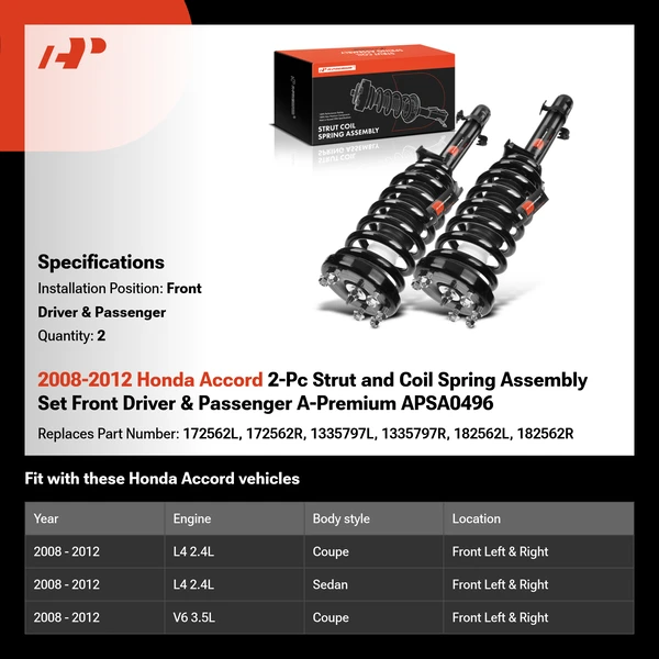 2008-2012 Honda Accord 2-Pc Strut and Coil Spring Assembly Set Front Driver & Passenger A-Premium APSA0496