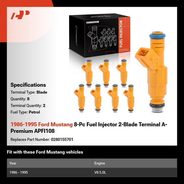1986-1995 Ford Mustang 8-Pc Fuel Injector 2-Blade Terminal A-Premium APFI108