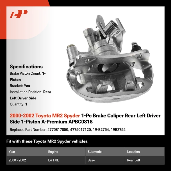 2000-2002 Toyota MR2 Spyder 1-Pc Brake Caliper Rear Left Driver Side 1-Piston A-Premium APBC0818