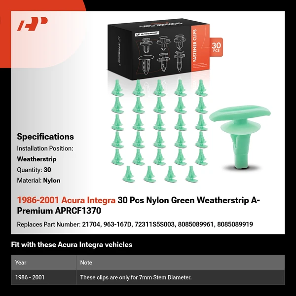 1986-2001 Acura Integra 30 Pcs Nylon Green Weatherstrip A-Premium APRCF1370