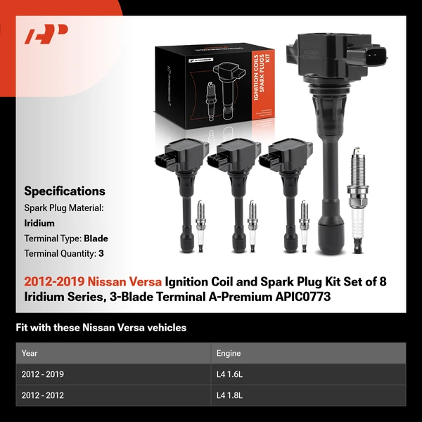 2012-2019 Nissan Versa Ignition Coil and Spark Plug Kit Set of 8 Iridium Series, 3-Blade Terminal A-Premium APIC0773