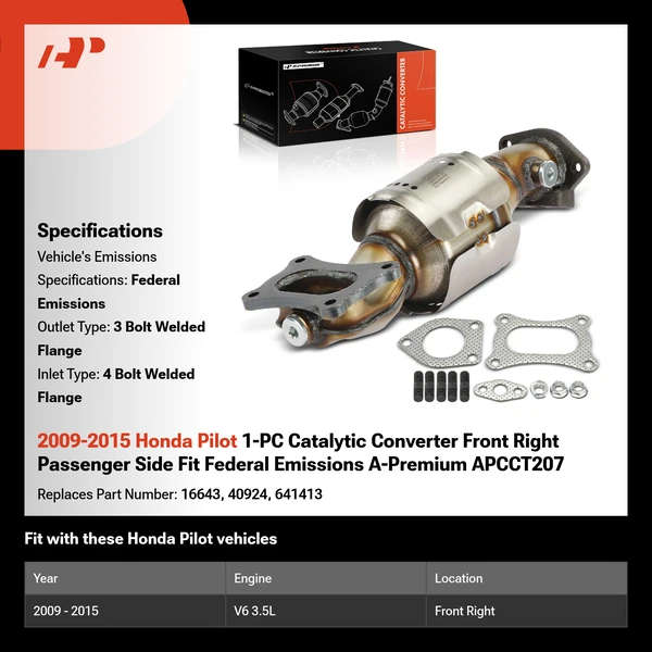 2009-2015 Honda Pilot 1-PC Catalytic Converter Front Right Passenger Side Fit Federal Emissions A-Premium APCCT207