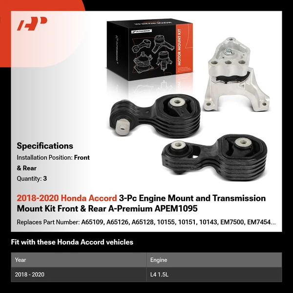 2018-2020 Honda Accord 3-Pc Engine Mount and Transmission Mount Kit Front & Rear A-Premium APEM1095