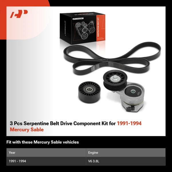 3 Pcs Serpentine Belt Drive Component Kit for 1991-1994 Mercury Sable