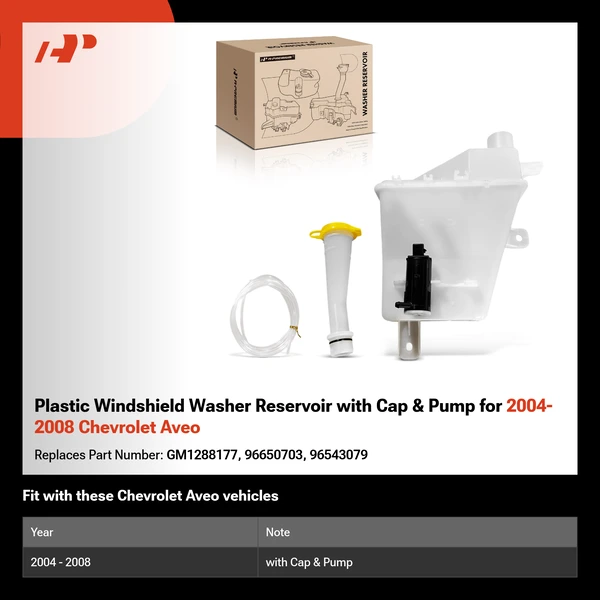Plastic Windshield Washer Reservoir with Cap & Pump for 2004-2008 Chevrolet Aveo