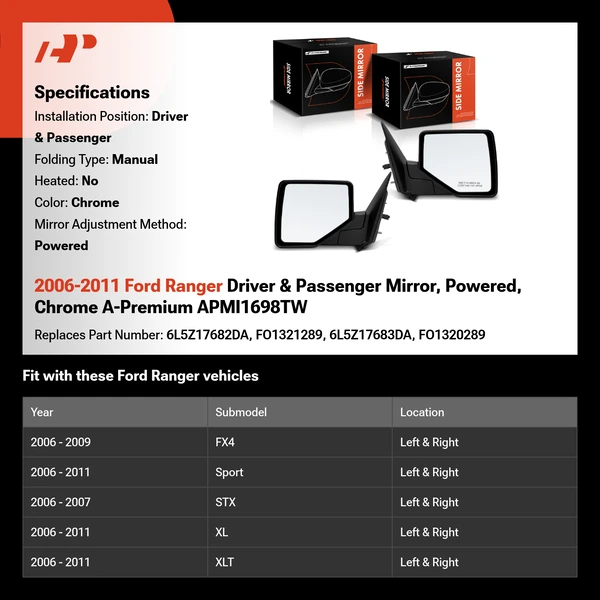 2006-2011 Ford Ranger Driver & Passenger Mirror, Powered, Chrome A-Premium APMI1698TW
