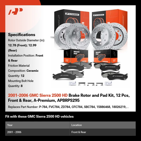 2001-2006 GMC Sierra 2500 HD Brake Rotor and Pad Kit, 12 Pcs, Front & Rear, A-Premium, APBRPS295