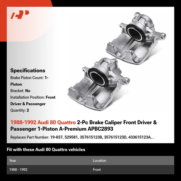 1988-1992 Audi 80 Quattro 2-Pc Brake Caliper Front Driver & Passenger 1-Piston A-Premium APBC2893