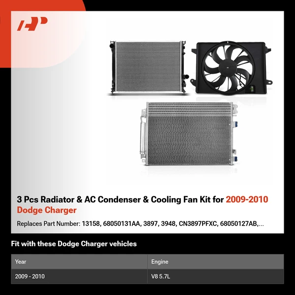3 Pcs Radiator & AC Condenser & Cooling Fan Kit for 2009-2010 Dodge Charger