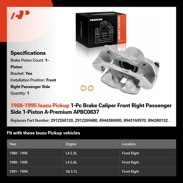 1988-1995 Isuzu Pickup 1-Pc Brake Caliper Front Right Passenger Side 1-Piston A-Premium APBC0837