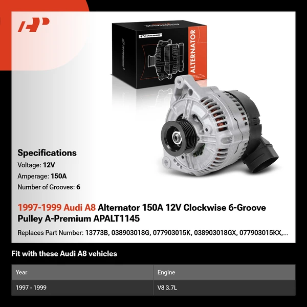 1997-1999 Audi A8 Alternator 150A 12V Clockwise 6-Groove Pulley A-Premium APALT1145