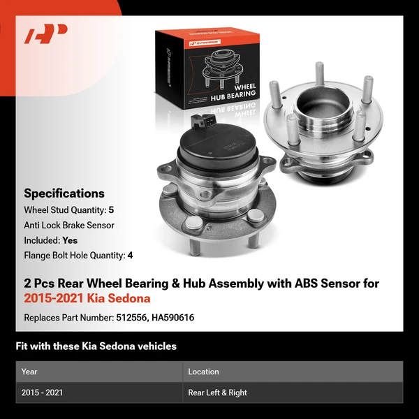 2 Pcs Rear Wheel Bearing & Hub Assembly with ABS Sensor for 2015-2021 Kia Sedona