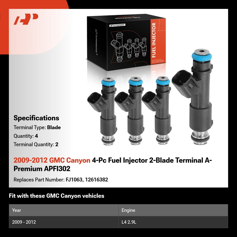 2009-2012 GMC Canyon 4-Pc Fuel Injector 2-Blade Terminal A-Premium APFI302