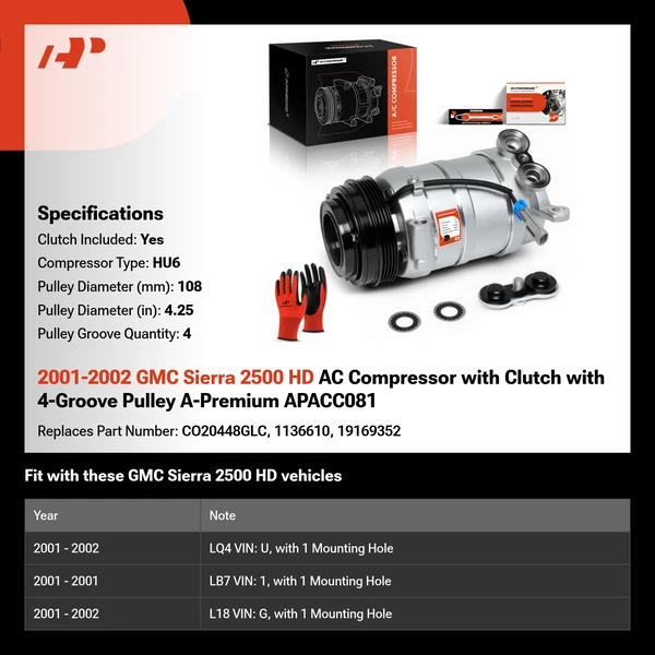 2001-2002 GMC Sierra 2500 HD AC Compressor with Clutch with 4-Groove Pulley A-Premium APACC081