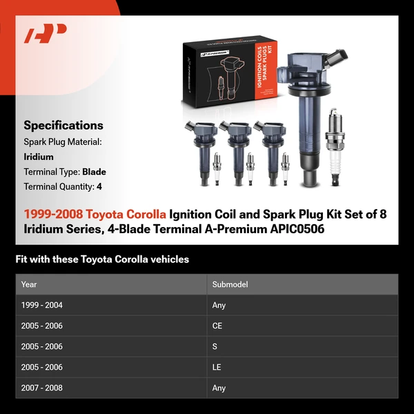 1999-2008 Toyota Corolla Ignition Coil and Spark Plug Kit Set of 8 Iridium Series, 4-Blade Terminal A-Premium APIC0506