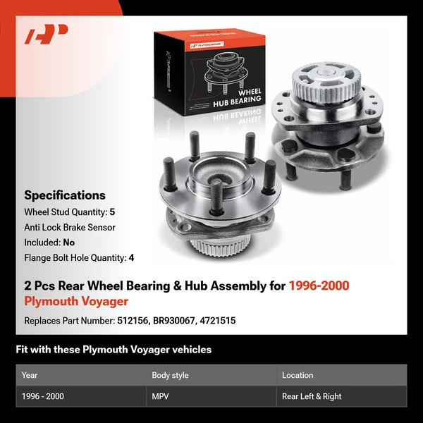 2 Pcs Rear Wheel Bearing & Hub Assembly for 1996-2000 Plymouth Voyager