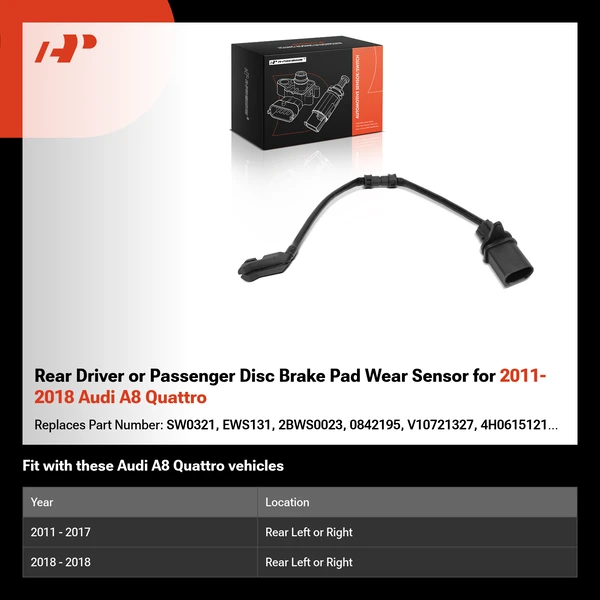 Rear Driver or Passenger Disc Brake Pad Wear Sensor for 2011-2018 Audi A8 Quattro