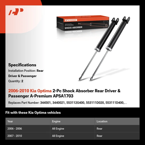 2006-2010 Kia Optima 2-Pc Shock Absorber Rear Driver & Passenger A-Premium APSA1703