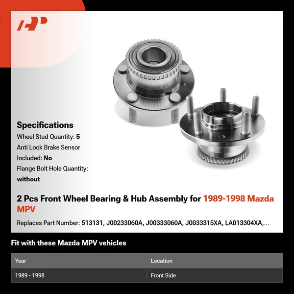 2 Pcs Front Wheel Bearing & Hub Assembly for 1989-1998 Mazda MPV