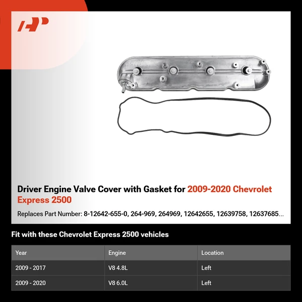 Driver Engine Valve Cover with Gasket for 2009-2020 Chevrolet Express 2500