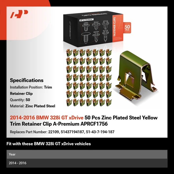 2014-2016 BMW 328i GT xDrive 50 Pcs Zinc Plated Steel Yellow Trim Retainer Clip A-Premium APRCF1756